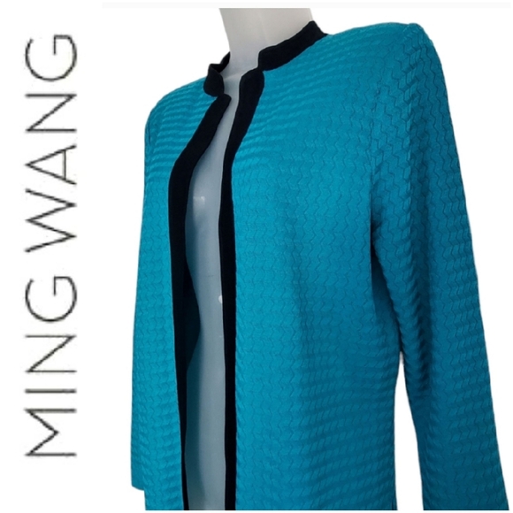 Ming Wang Sweaters - Ming Wang Aqua Blue Open Front Padded Shoulders Cardigan. Medium.